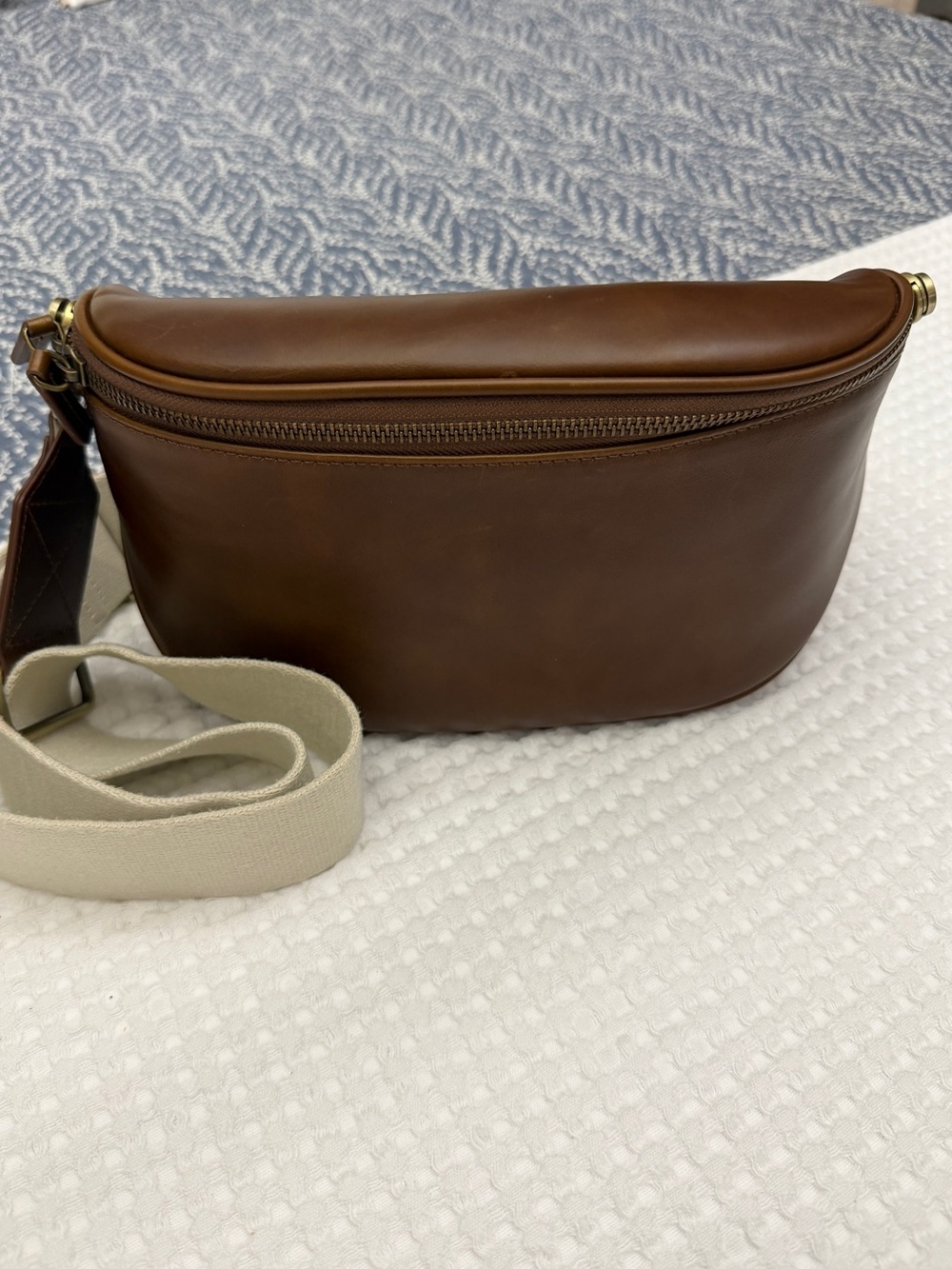 The Waymaker Crossbody w/ Cream Canvas Strap w/ add’l matching leather strap.